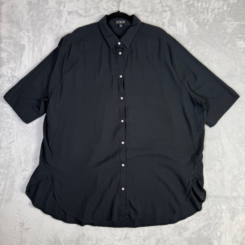 J.Crew Button Down Shirt Womens 2X Black Cotton Gauze Short Sleeve Crinkle Top